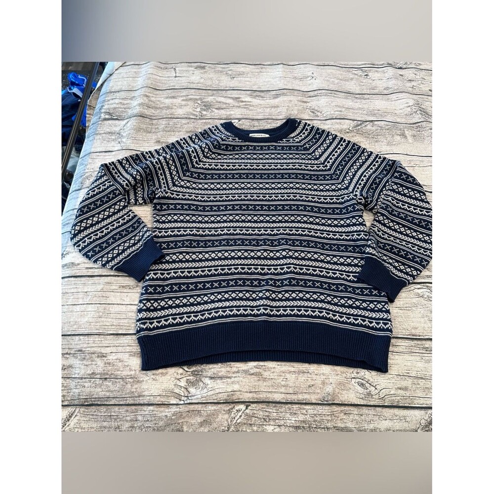 Marine Layer Navy and White Fair Isle Crewneck Sweater, Organic Cotton Blend LG
